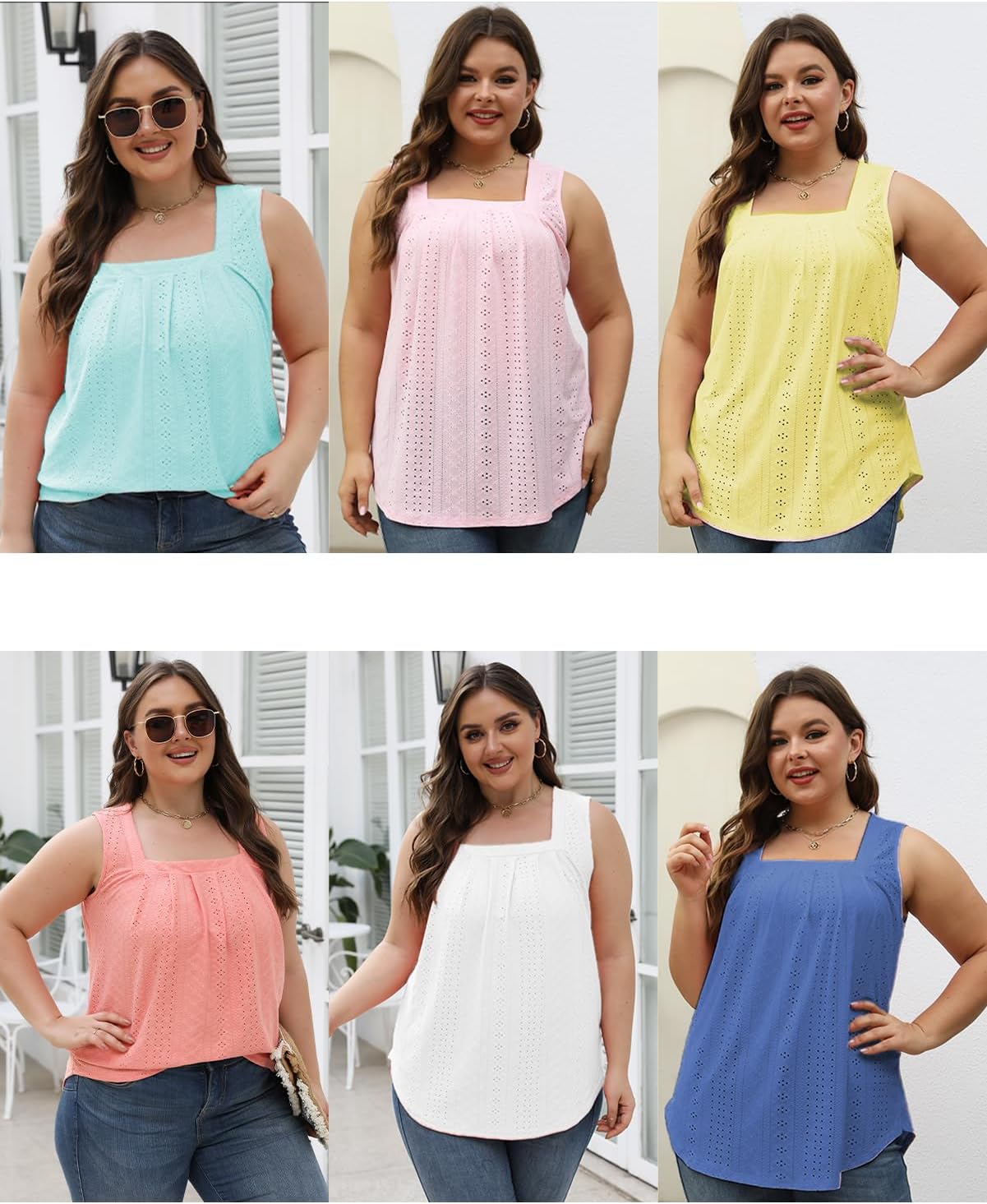 ROSRISS Plus-Size-Tank-Tops Summer Sleeveless Loose Fit Pleated Shirts Square Neck Tunics Eyelet Flowy Tees - Image 5