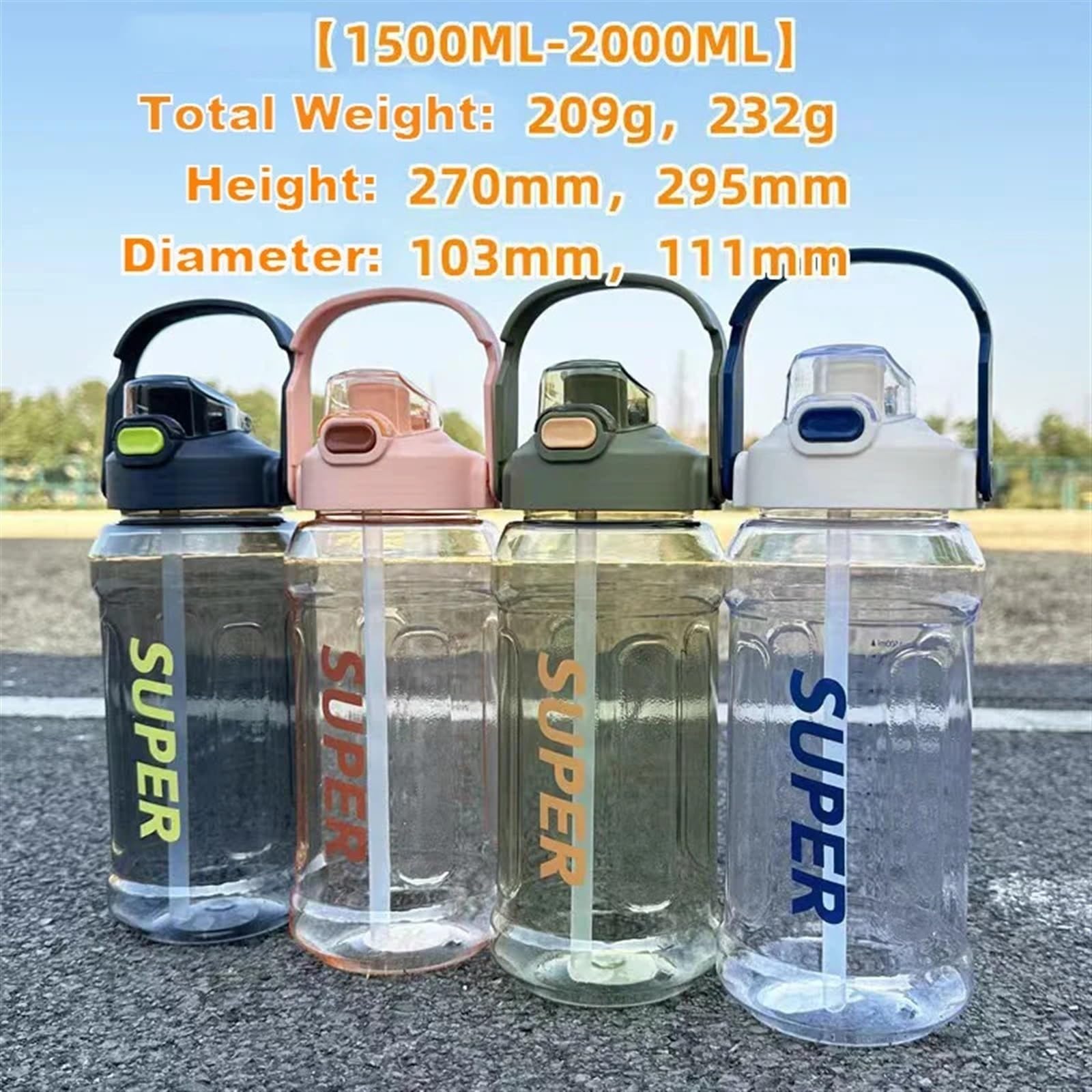 Sportflasche 1500/2000ML Water Bottle with Straw Outdoor Sports Drinking Bottles Large Capacity Plastic Cup Fitness(2000ml White)