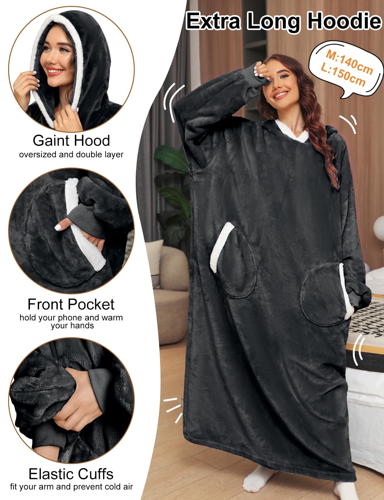 Tuopuda Felpe Donna Uomo con Cappuccio Hoodie Pullover Lunga Felpa con Coperta Sherpa Giacca Oversize Kimono Cardigan Autunno Invernali Fleece Jumper con Tasche Zip Sweatshirt Cappotto
