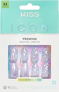 KISS ICON, Press On Nails, Nail glue included, 'Remarkable', Pink, Medium Size, Almond Shape, Includes 32 Nails, 2g Glue, 2 Manicure Stick, 1 Mini File, 2 Prep Pads, 48 Adhesive tabs