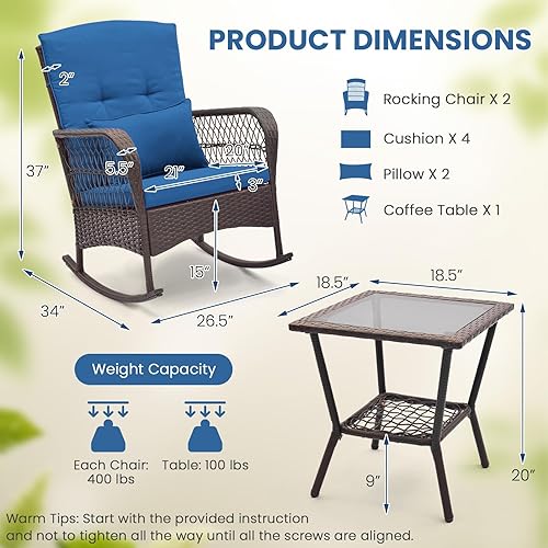 Miniatura 3 de ORALNER Juego de 3 mecedoras de mimbre para muebles de patio, sillas mecedoras para exteriores con cojines, almohadas, mesa de centro de cristal,
