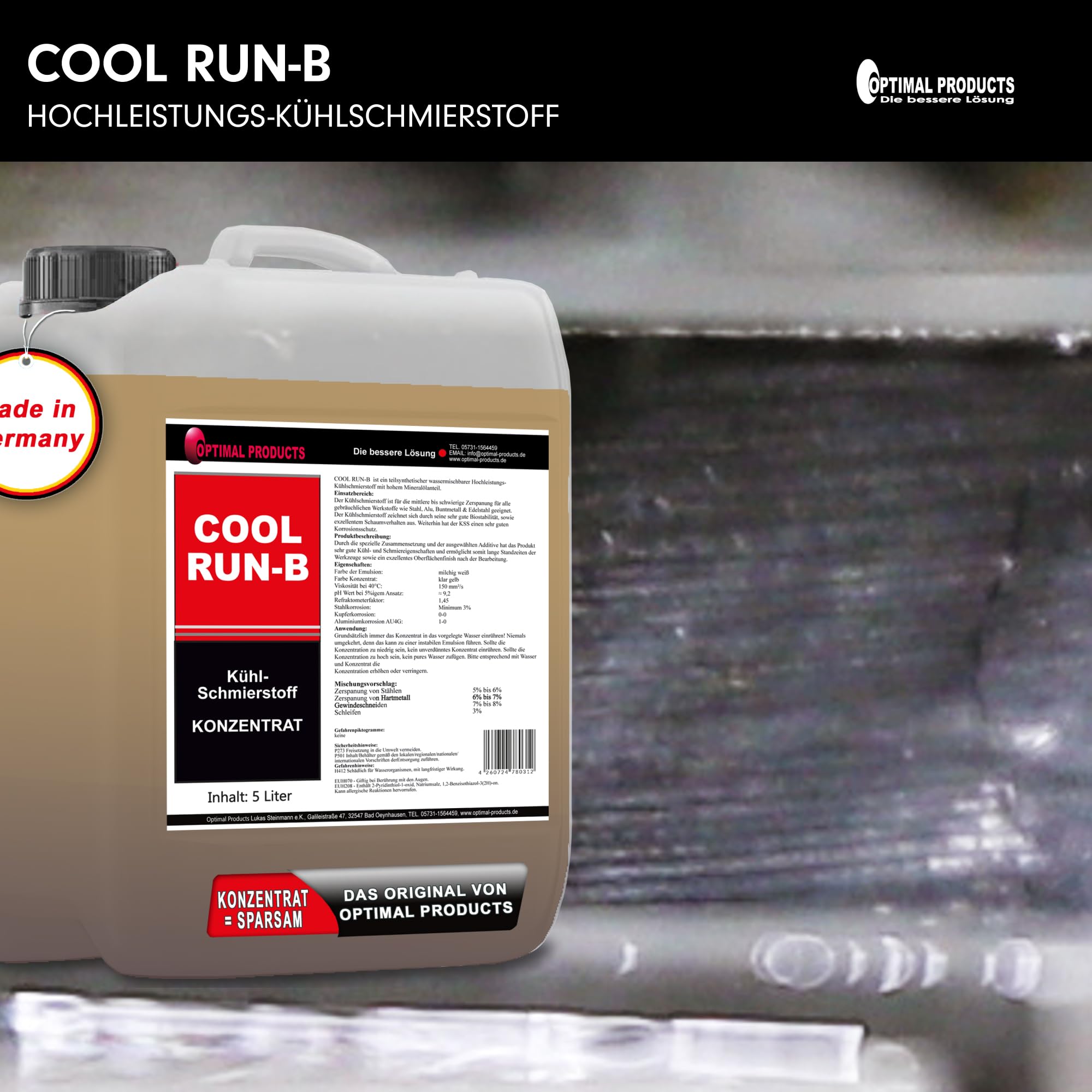 Optimal Products Kühlschmierstoff Cool Run-B 10L - Bohrmilch, Wassermischbares Hochleistungs Kühlschmiermittel mit gutem Korrosionsschutz, Bohröl Schneidöl Metall