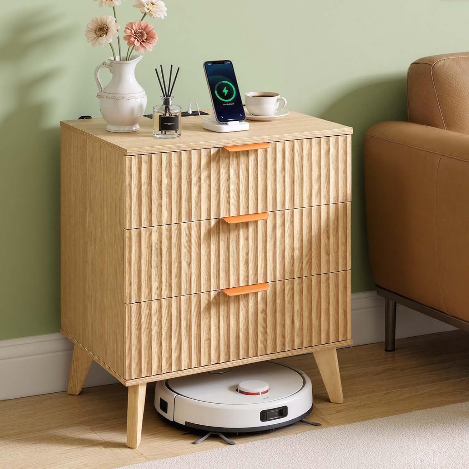 VEVOR Fluted Nightstand 3 Drawer Dresser, 24" Wide Bedside Table with Charging Station, Mid Century Modern Night Stand with Metal Handle, USB-A/Type-C Ports, Wood Bed Side Table for Bedroom