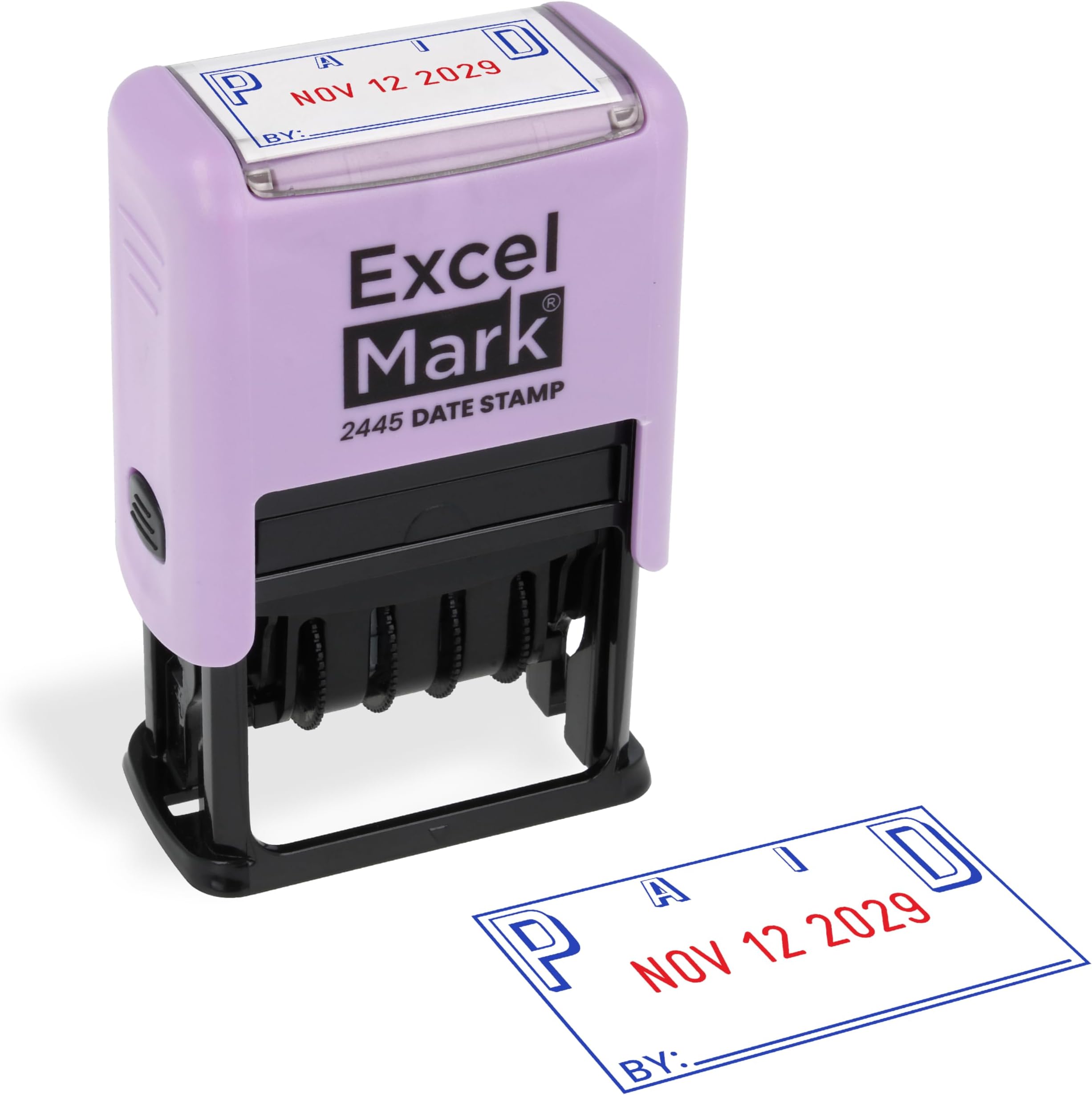 ExcelMark 2445 Date Stamp with Text - Blue and Red Ink (Violet Mount, Paid)