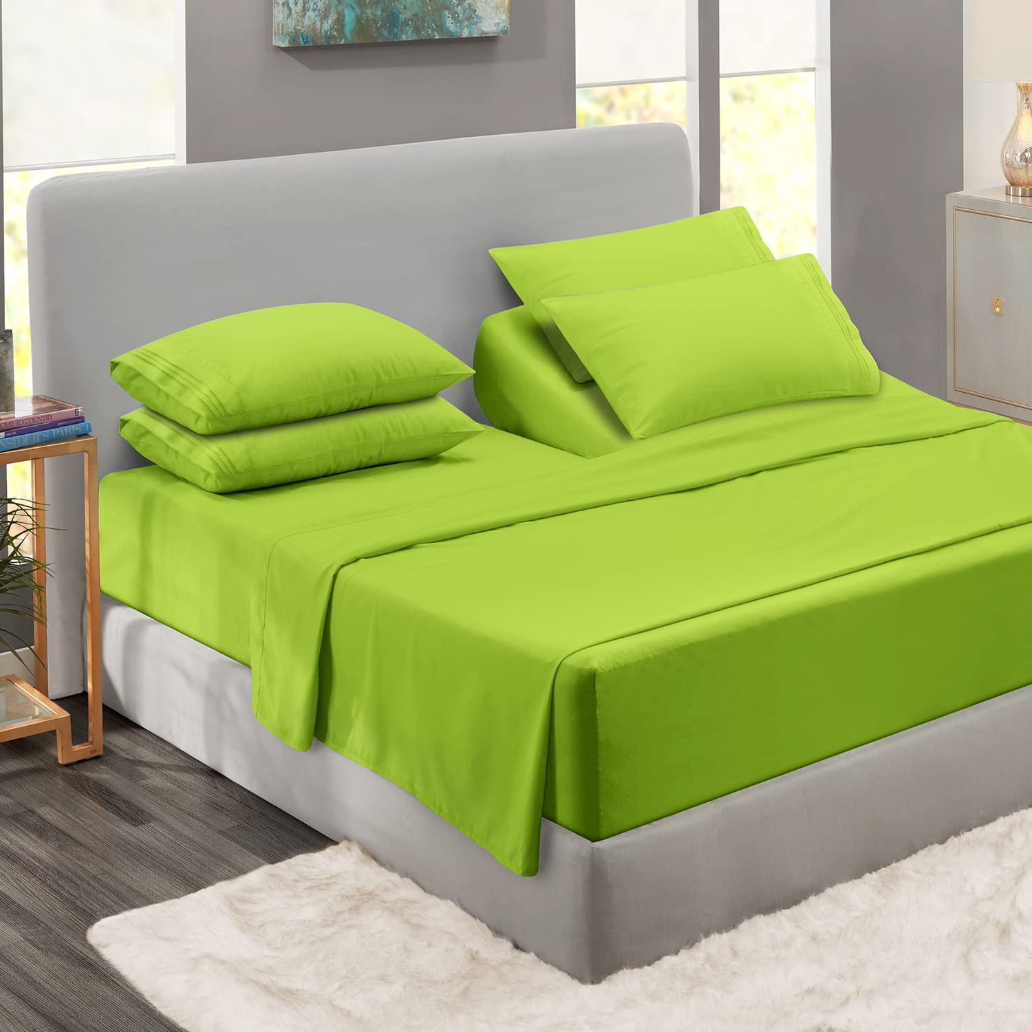 Clara Clark Flex Top King Sheets, 6 Piece Set - Hotel Luxury Sheets for Top Split King Bed, Super Soft Bedding Set, Head Split King Garden Green Garden Green Flex Top King