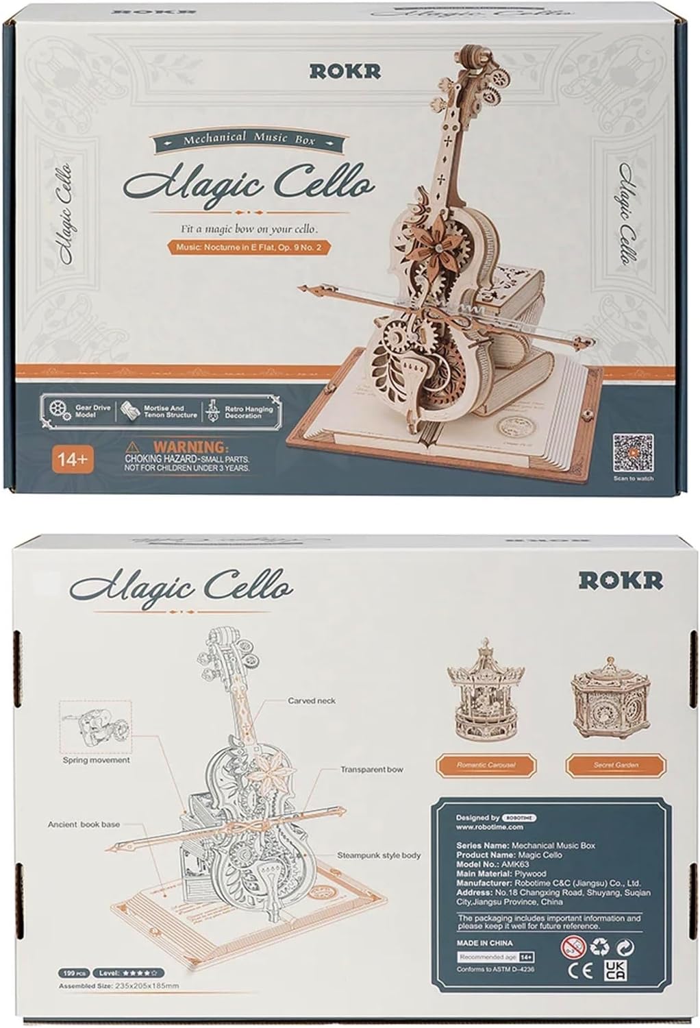Front view of the Robotime Magic Cello product box, showing the assembled model and key features.