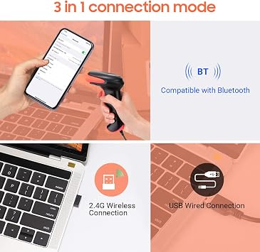 Tera Pro Bluetooth Barcode Scanner Wireless 1D 2D QR Code Rea der 2.4GHz Wireless & USB Wired Connection Fast and Precise Scanning, HW0002-O