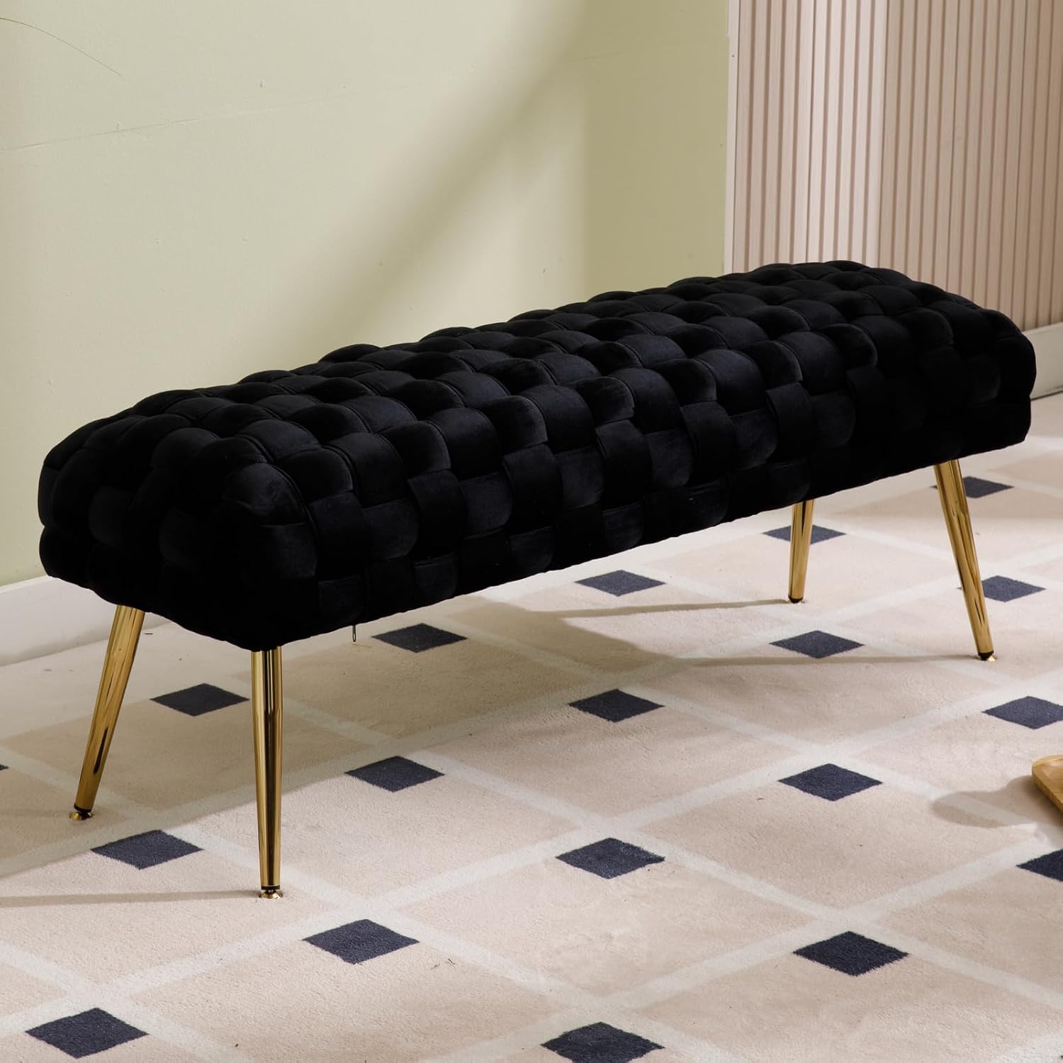 Ya-Home Velvet Bench Hallway Bed Bench Upholstered Bench with Metal Legs Modern Entrance Bench for Bedroom/Living Room Black