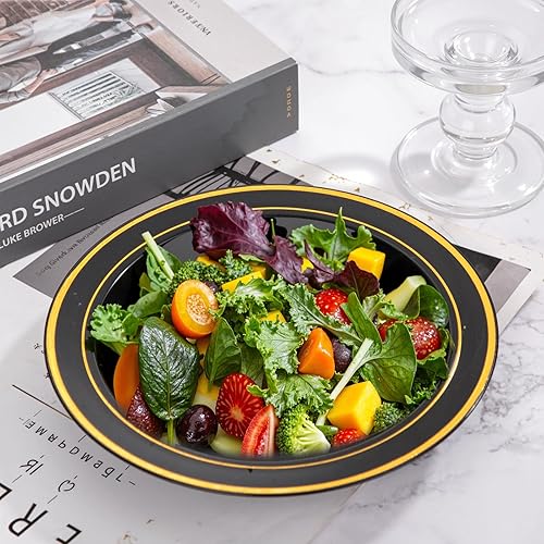 Miniatura 5 de bUCLA Paquete de 60 cuencos de plástico negros con borde dorado, cuencos de plástico de 12 onzas desechables para bodas, fiestas, reuniones y Año