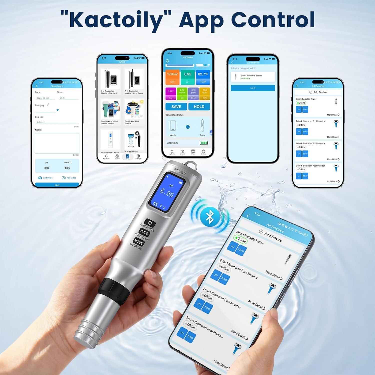 Smart Pool Salt Tester & pH Meter with APP, 7-in-1 Digital Water Tester for pH, Salinity, ORP, EC, TDS, SG & Temperature, Rechargeable Water Test Kit for Saltwater Pools, Hot Tub & Aquariums.
