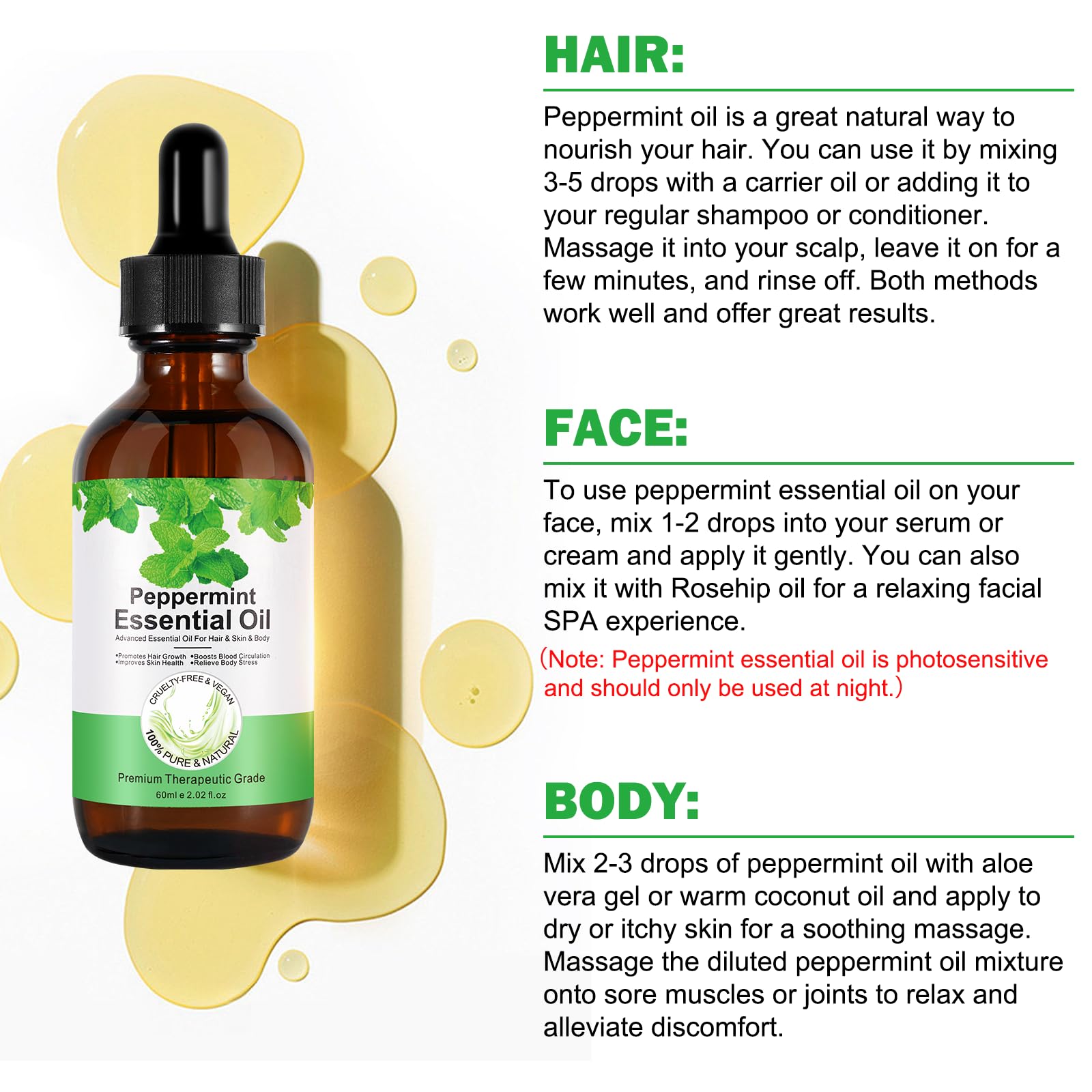 Olio essenziale di menta piperita,peppermint oil,olio menta piperita capelli,olio di menta piperita per relax,capelli e miscele corpo 60ml