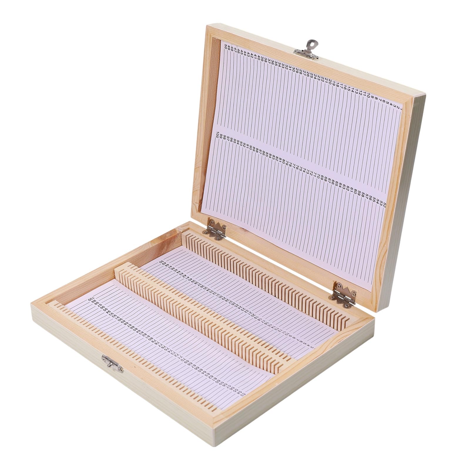 100-fach Mikroskop-Objektträger-Holzkasten Aufbewahrungsbox für Mikroskop-Objektträger mit Eisenschloss für Experimente, Analysen, Wissenschaft, 22.8×18.9×3.35cm, Weiß
