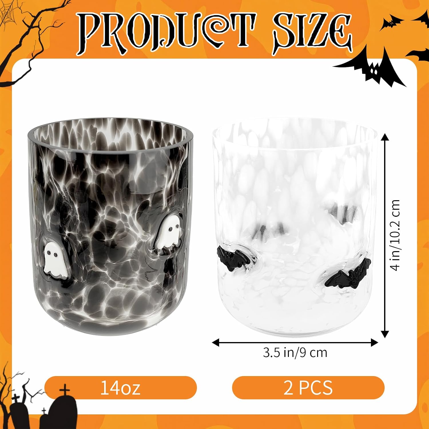 2 Pcs 14oz Halloween Icon Juice Glasses-Bat, Ghost
