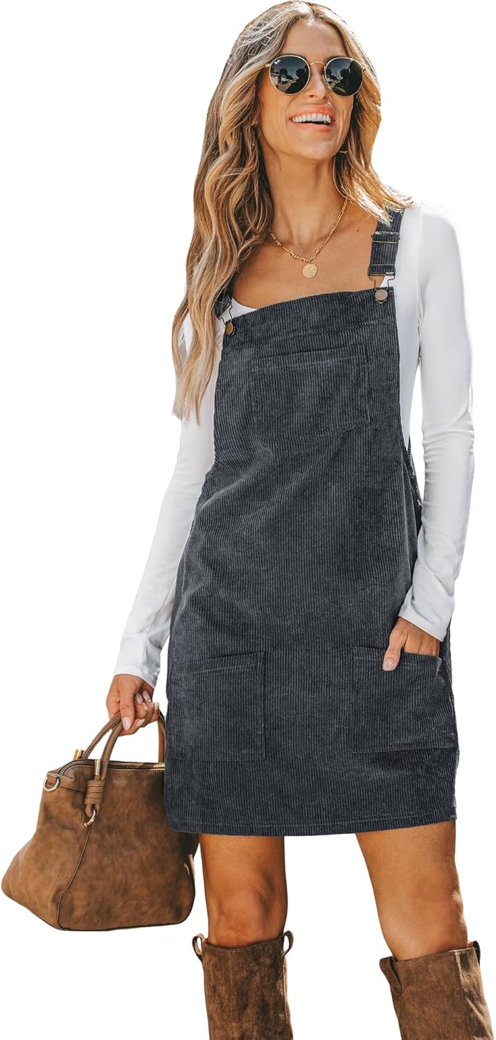 CUPSHE Women Corduroy Fall Dresses Front Bib Pocket Square Neck Wide Strap Casual Overall Mini Dress