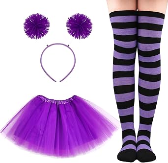 3 Piece Tulle Tutu Costume Set for Women Include Striped Knee Socks, 3 Layered Tulle Tutu Skirt, Pom Pom Headband