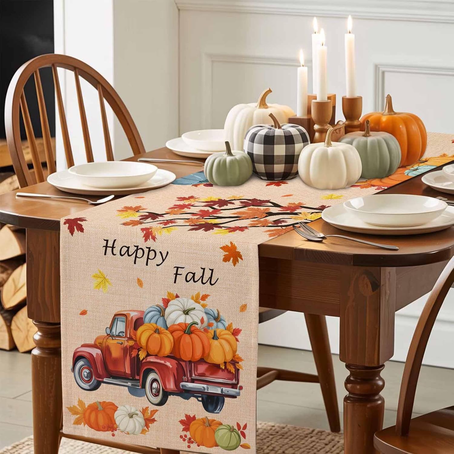 LooPoP Thanksgiving Truck Fall Pumpkin Maple Leaves Table Runners Orange Traditions Autumn 13x120 Inches Long Washable Table Runner for Round Table Kitchen Coffee Dining End Table Living Room Use