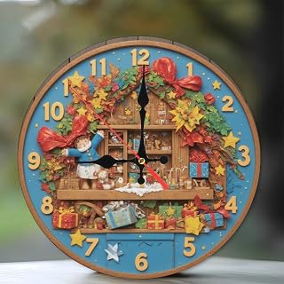 Lancholy Christmas 10-inch Silent Wooden Wall Clock, Holiday-Clock-with-Gifts-and-Doll ” Silent Non-Ticking Clock, Battery Operated (AA Batteries Not Included), Artistic Home Decor