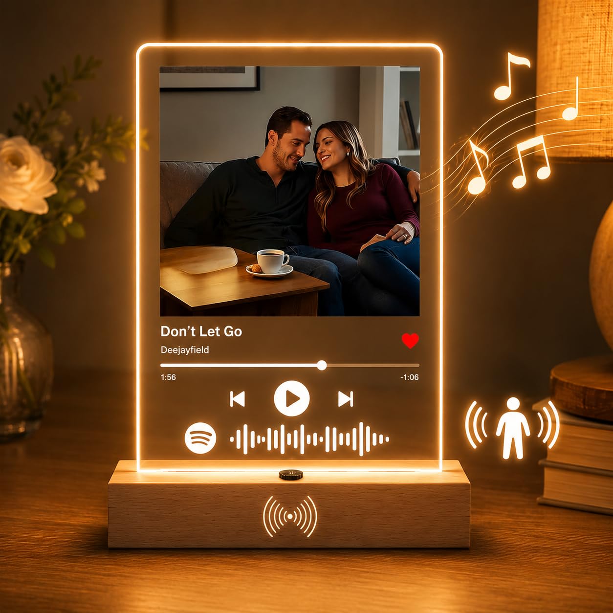 Placa de canción personalizada con reproductor de música integrado y luz con sensor de movimiento, placa de música personalizada para regalo para novia, novio, aniversario, cumpleaños, boda, regalo de 7