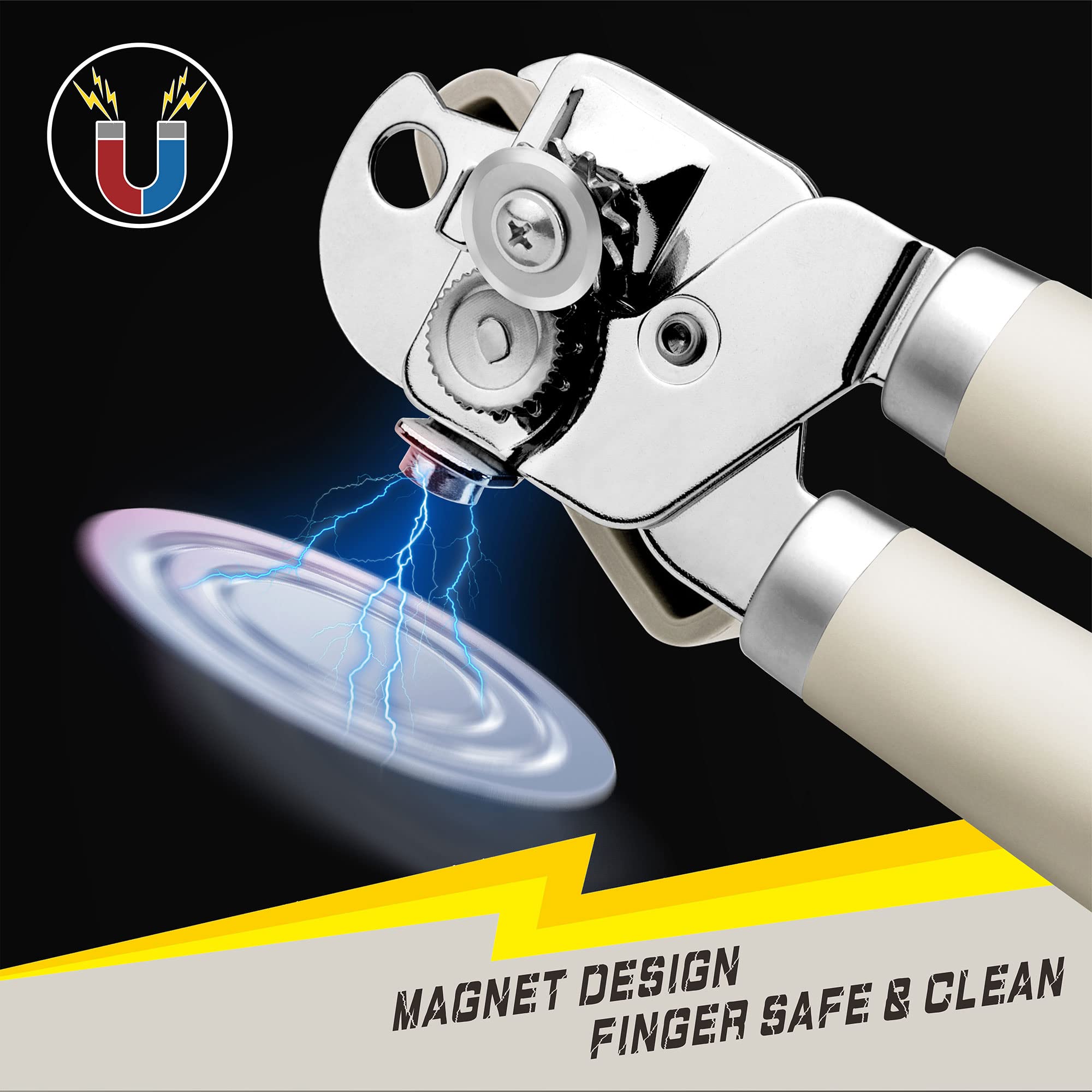 PrinChef Can Opener Manual, Can Tin Bottle Opener with Magnet - No-Trouble-Lid-Lift, Handheld Can Opener Smooth Edge with Sharp Blade, Heavy Duty and Easy to Use, for Seniors with Arthritis, White