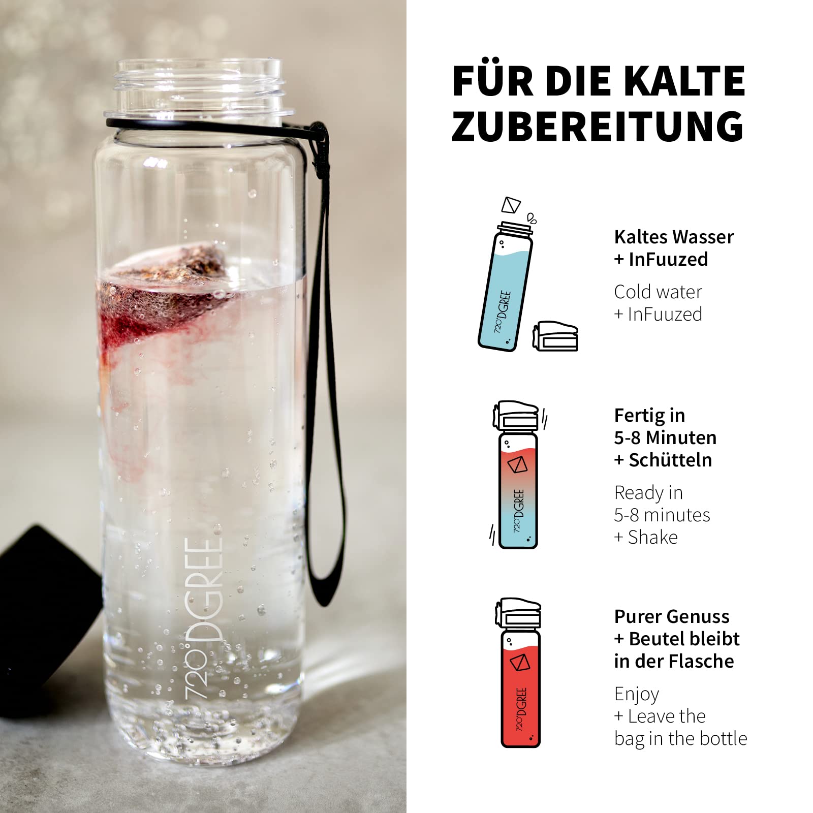 720°DGREE Eistee to go "InFuuzed" 2x 25 Beutel für mind. 25l + Thermo Trinkflasche 1200ml "noLimit" - Das Erfrischungsgetränk Ohne Zucker & Kalorien - Lecker leichte Alternative zu Eis Tee, Softdrinks