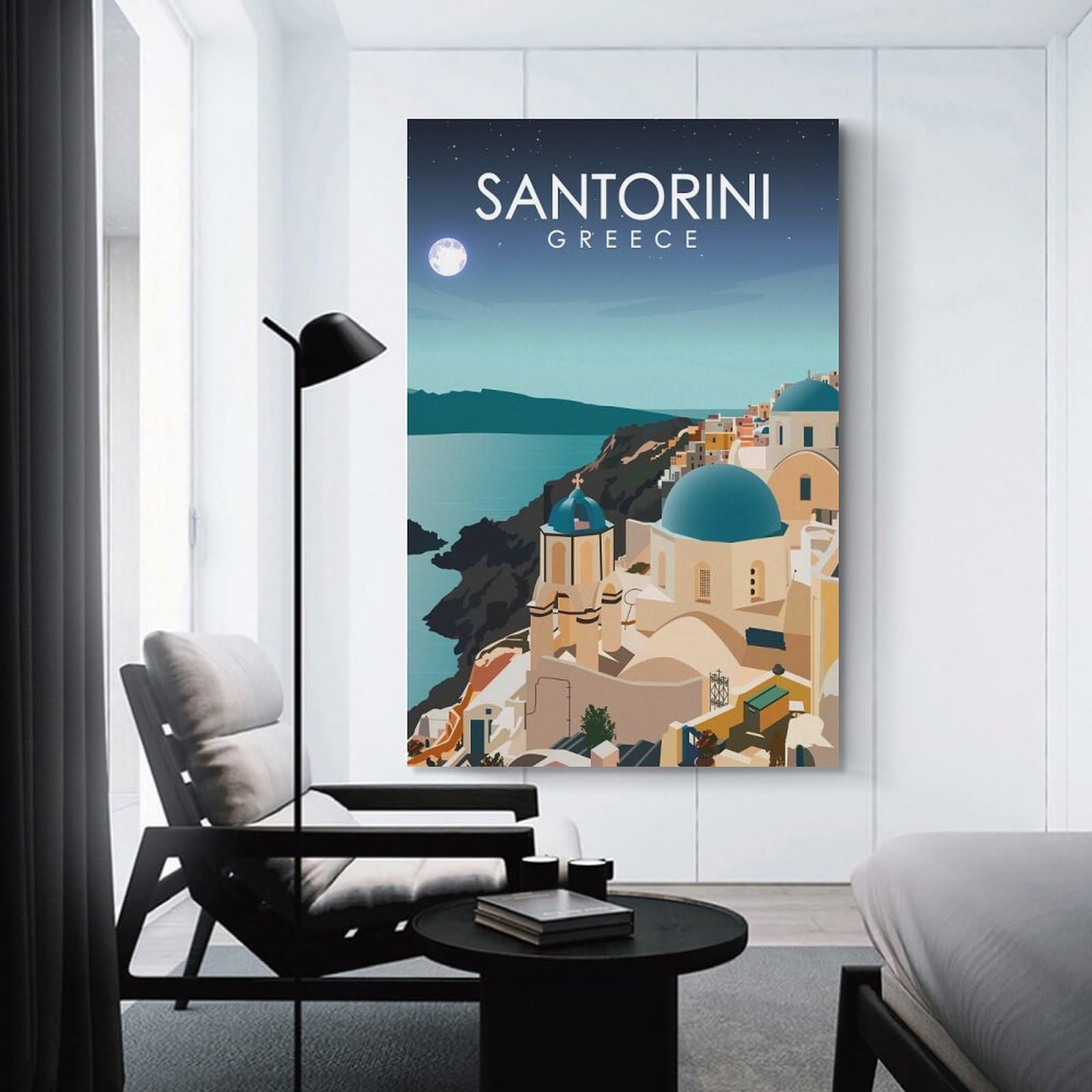 Junmoney Santorini Greece at Night Wall Art Print, 20x30inch(50x75cm), for Living Room, Bedroom, Office Or Hallway, Canvas Wall Art That Fits Changing Layouts
