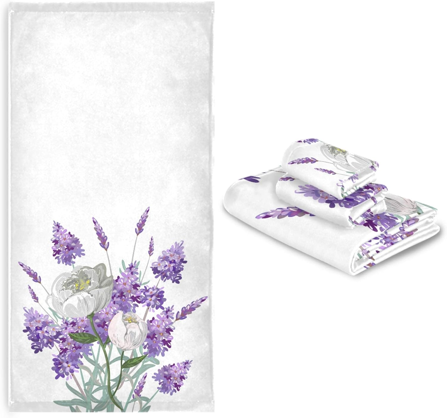 Naanle 3-Piece Towel Set,Purple Lavender White Peony Flower Nature Floral Bath Towel Sets, 1 Bath Towel, 1 Hand Towel, 1 Washcloth, Absorbent Soft Towels Quick Drying for Bathroom