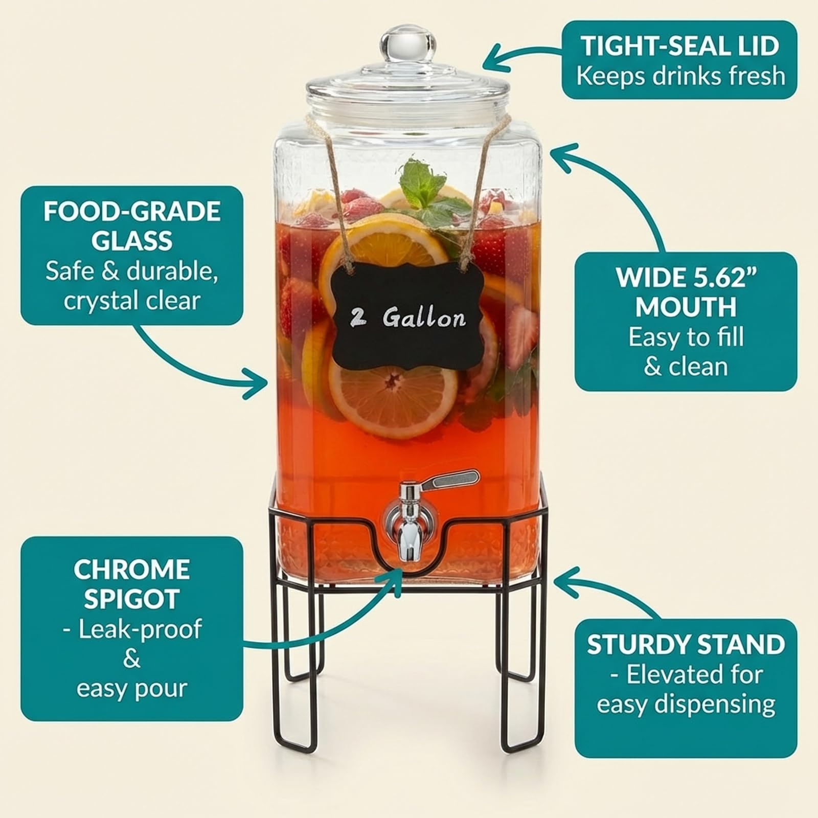 2 Gallonen Glas Getränkespender Getränkespender für Partys, Getränkespender mit Ständer und Glasdeckel, 100% auslaufsicherer Edelstahl-Zapfhahn für Limonade, Saft, Sangria, Eistee und Cocktails