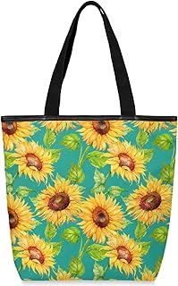 Sacolas de lona com zíper e bolso interno, bolsa de ombro feminina casual bolsa de mão girassol flor floral, bolsas de compras reutilizáveis de cozinha bolsas de lona para uso em bolsas de livros, sacolas de compras, sacolas de presente, Multicor