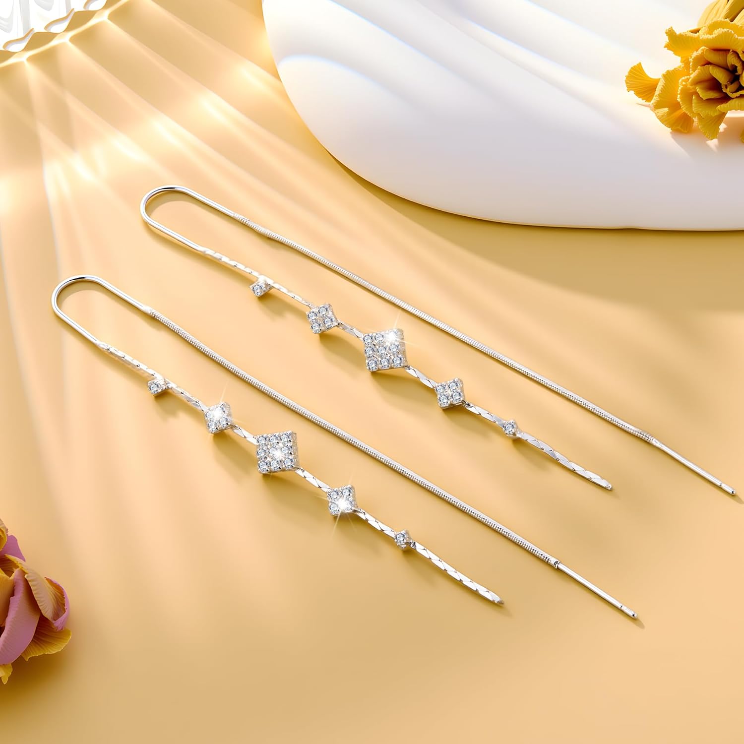 925 Sterling Silver Threader Dangle Earrings for Women - Long Earrings Dangle Chain Drop Earrings Dangling, Dainty Elegant Dangly Ear Chain with Tassel and Cubic Zirconia for Prom Wedding Trendy Jewelry Accessories - Image 5