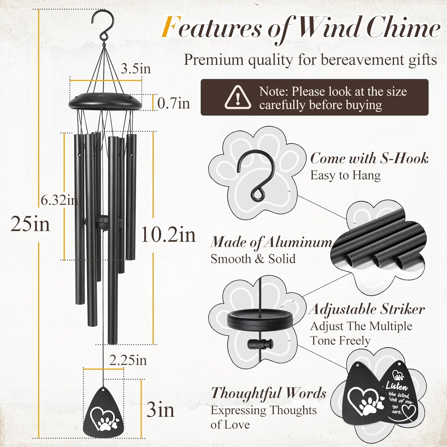 Dog Memorial Gifts for Loss of Dogs,25" Sympathy Wind Chimes Loss of Pet Sympathy Gift in Memory of Dogs Remembrance/Bereavement Gifts,Memorial Wind Chime of Dog Passing Away Gift for Outside,Black - Image 5