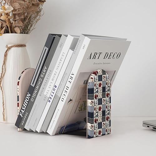 Miniatura 6 de Book Ends for Shelves 1 Pair - Retro Floral Plaid Print Wood with Metal Base Bookends for Heavy Books, Book Stand Organizer Holder for Books Movies