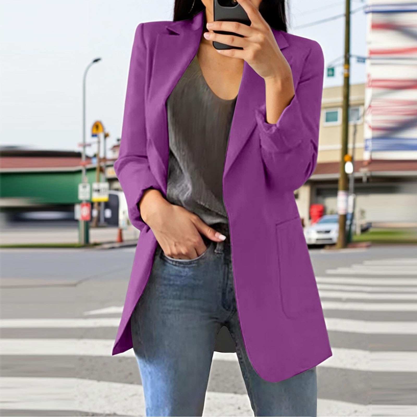 Blazer Femme Chic Et Elegant - Bureau Front Ouvert Cintrée d'affaire Veste Travail Grande Taille Veste Casual Couleur Unie Manche Longue Col À Rever