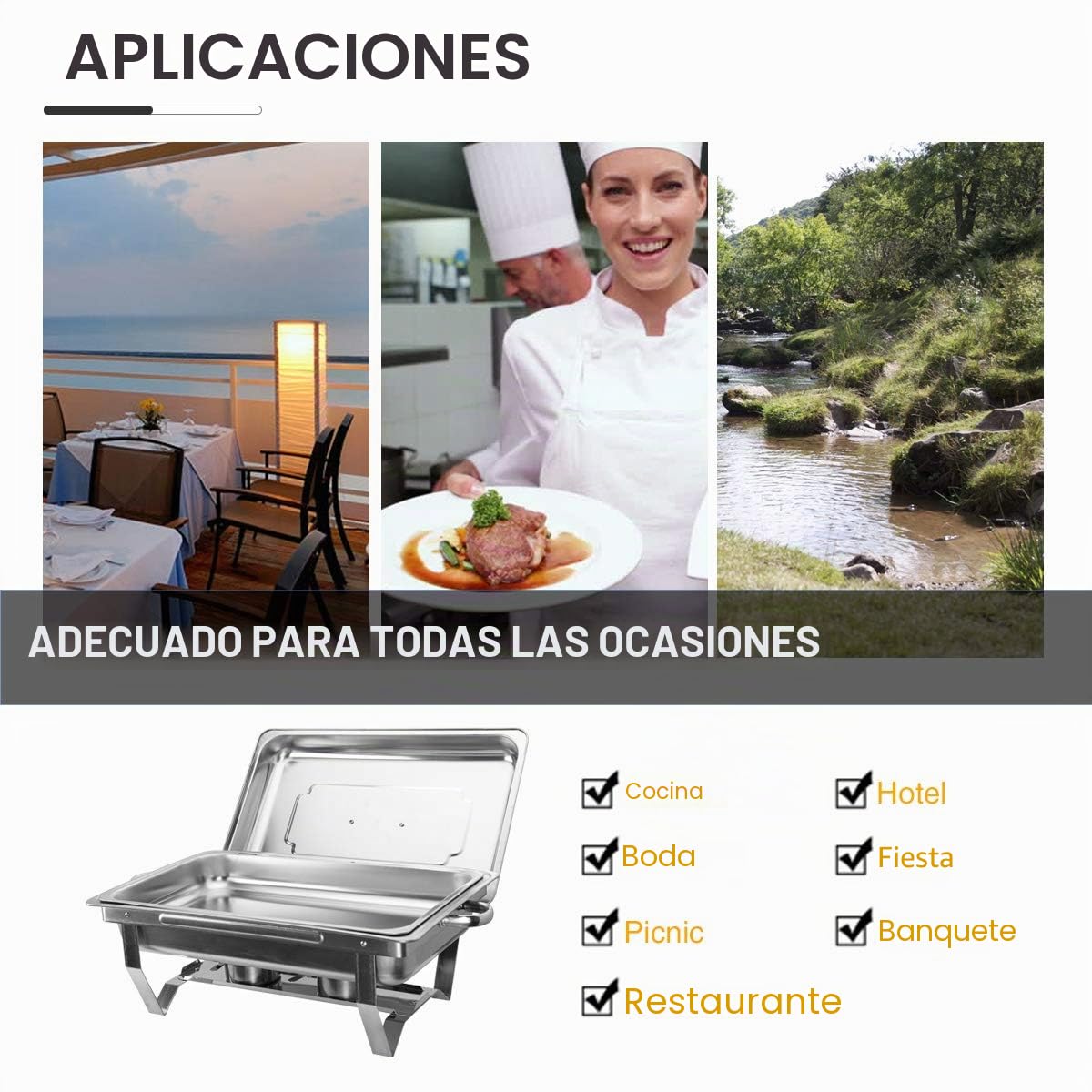 VONLUCE 4 Platos de Frotamiento 9L/8Q de Acero Inoxidable Calentador de Buffet Plegable Calentador de Comida con Bandeja de Agua, Bandeja de Comida y Tapa para Fiesta, Banquete, Bufé (4)