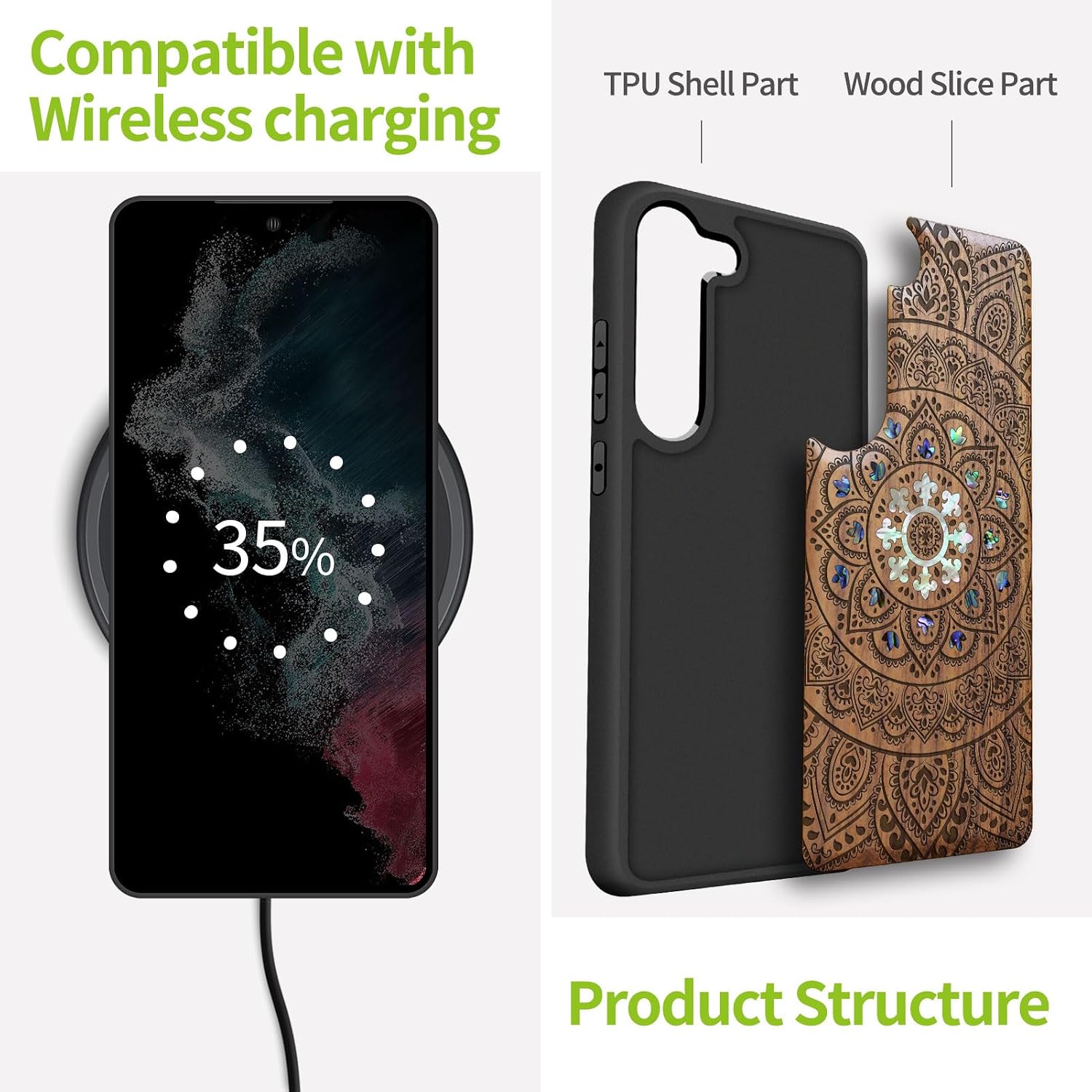 Carveit Designer Wooden Case for Samsung Galaxy S23 Plus Cover [Wood Engraving & Shell Inlay] Compatible with Wireless Chargers S23 Plus Case (Mandala Floral-Walnut)