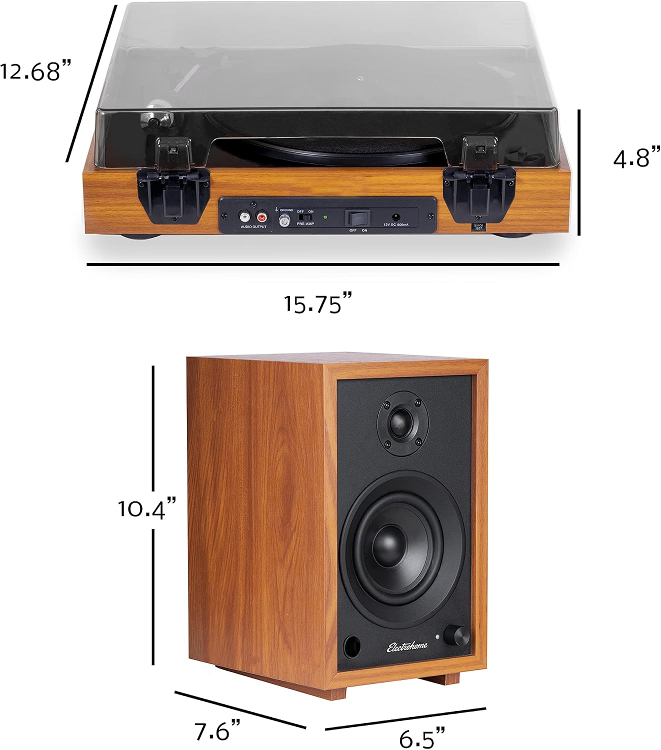 Electrohome Montrose Record Player Stereo System, 4" Bluetooth Powered Bookshelf Speakers, Belt-Drive Turntable with Audio-Technica Stylus, Speed Control Motor, Built-in Preamp, Wood Plinth