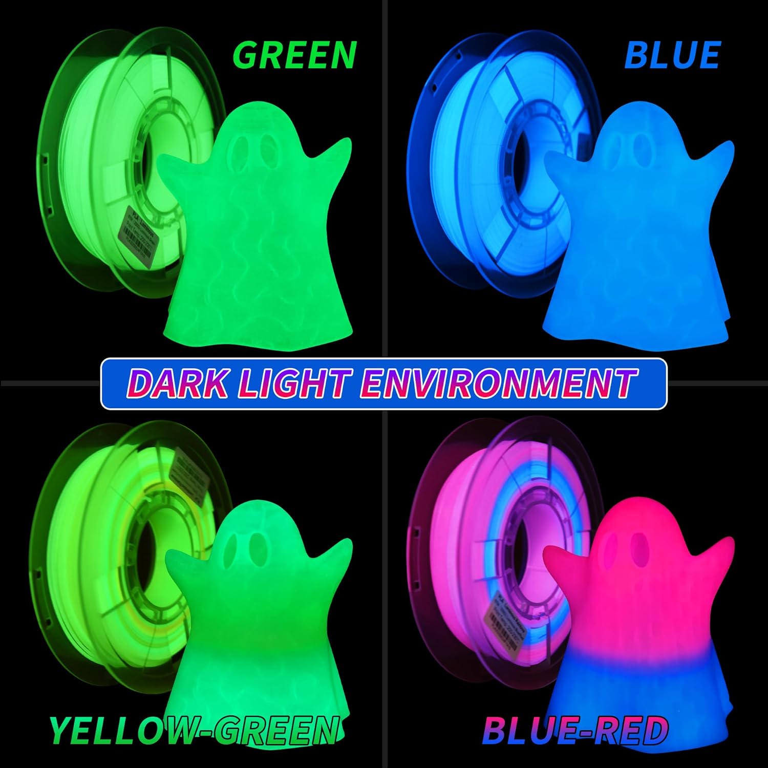 RAMBERY Glow in The Dark 3D Printer Filament Bundle Multicolour Blue Red Yellow Green PLA Filament 1.75mm Luminous 3D Printing Filament, 1.75mm 200gX 4 Spools (1.76 lbs)