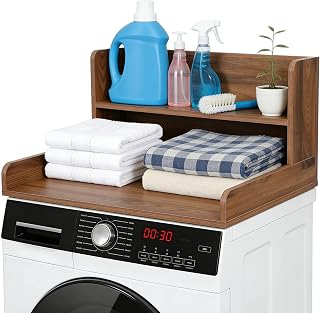 Worktop Washing Machine Dryer with 2 Step Shelf, Washing Machine Pad Wood, Waterproof and Quick Assembly, Wash Countertop for Single Washing Machine and Dryer, 60×60×30cm (Walnut)