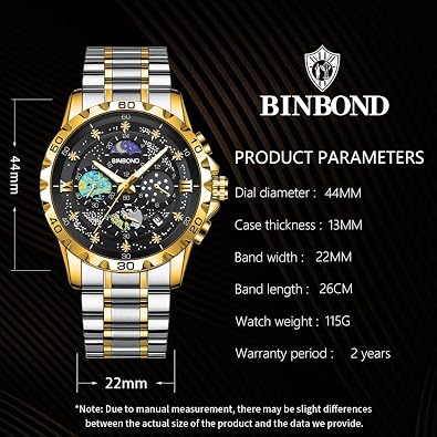 BINBOND Mens Watches Starry Sky Moon Phase Dial Luxury Diamond Business Dress Fashion Classic Casual Date Wrist Watches for Men Waterproof Luminous