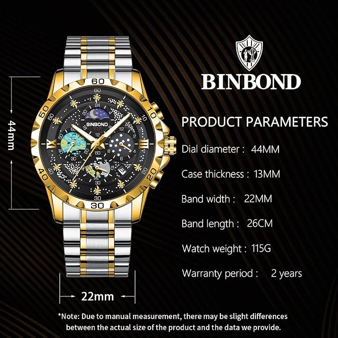 BINBOND Mens Watches Starry Sky Moon Phase Dial Luxury Diamond Business Dress Fashion Classic Casual Date Wrist Watches for Men Waterproof Luminous