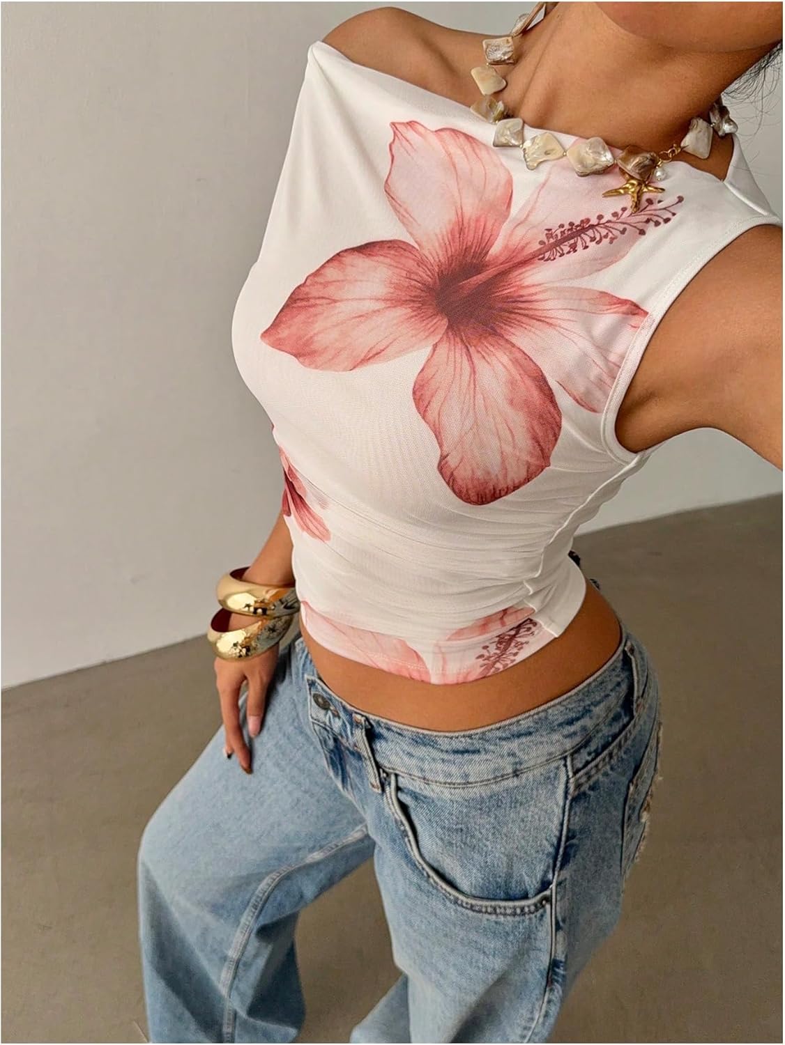 Milumia Women Floral One Off Shoulder Ruched Crop Tops Sleeveless Asymmetrical Neck Tank Top - Image 5