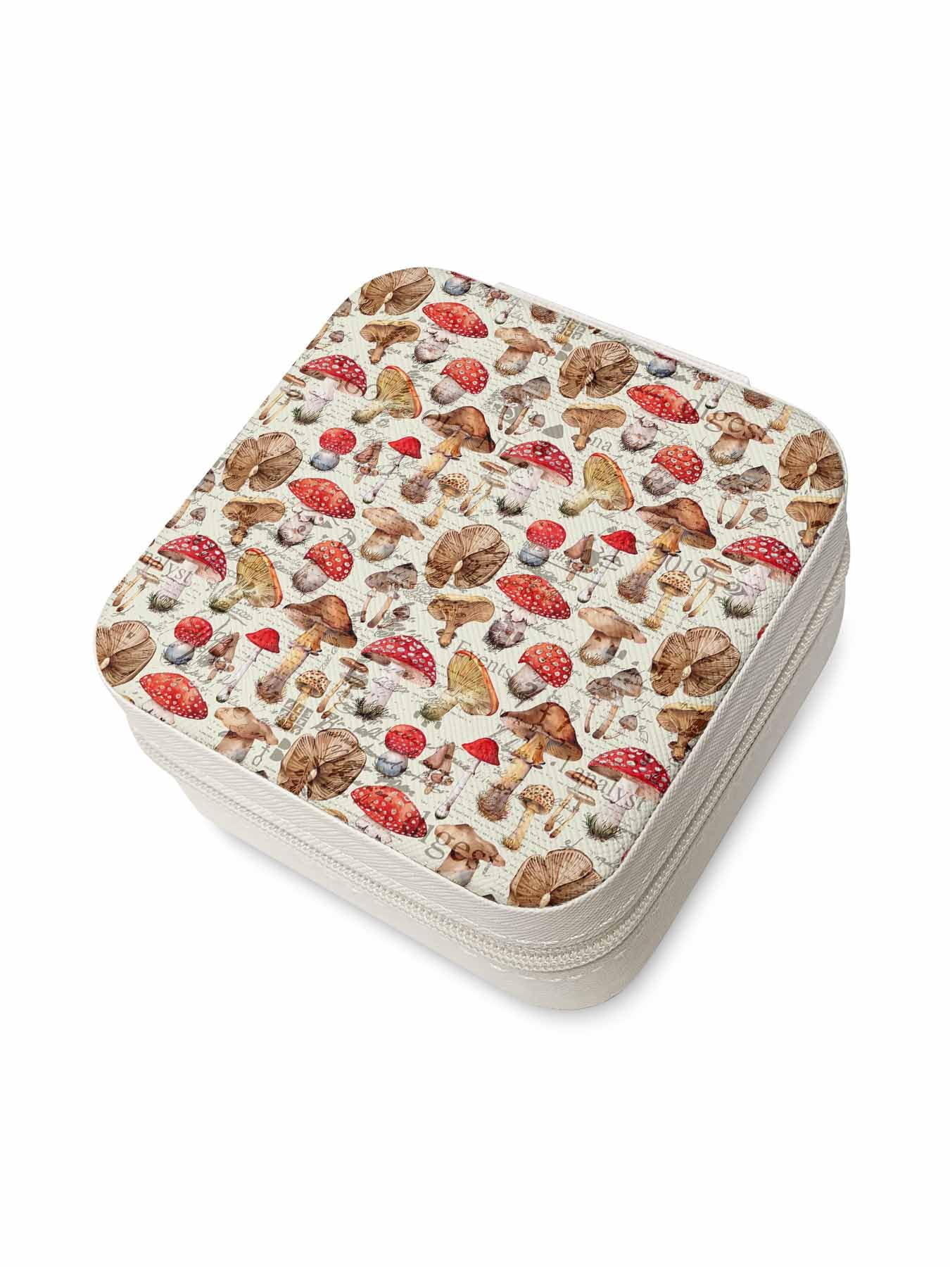 Travel Jewelry Case, Vintage Mushrooms Hand Drawn PU Leather Box, Mini Ring Organizer Cases, Portable Small Necklace Storage Boxes - Best Gift for Women Girls