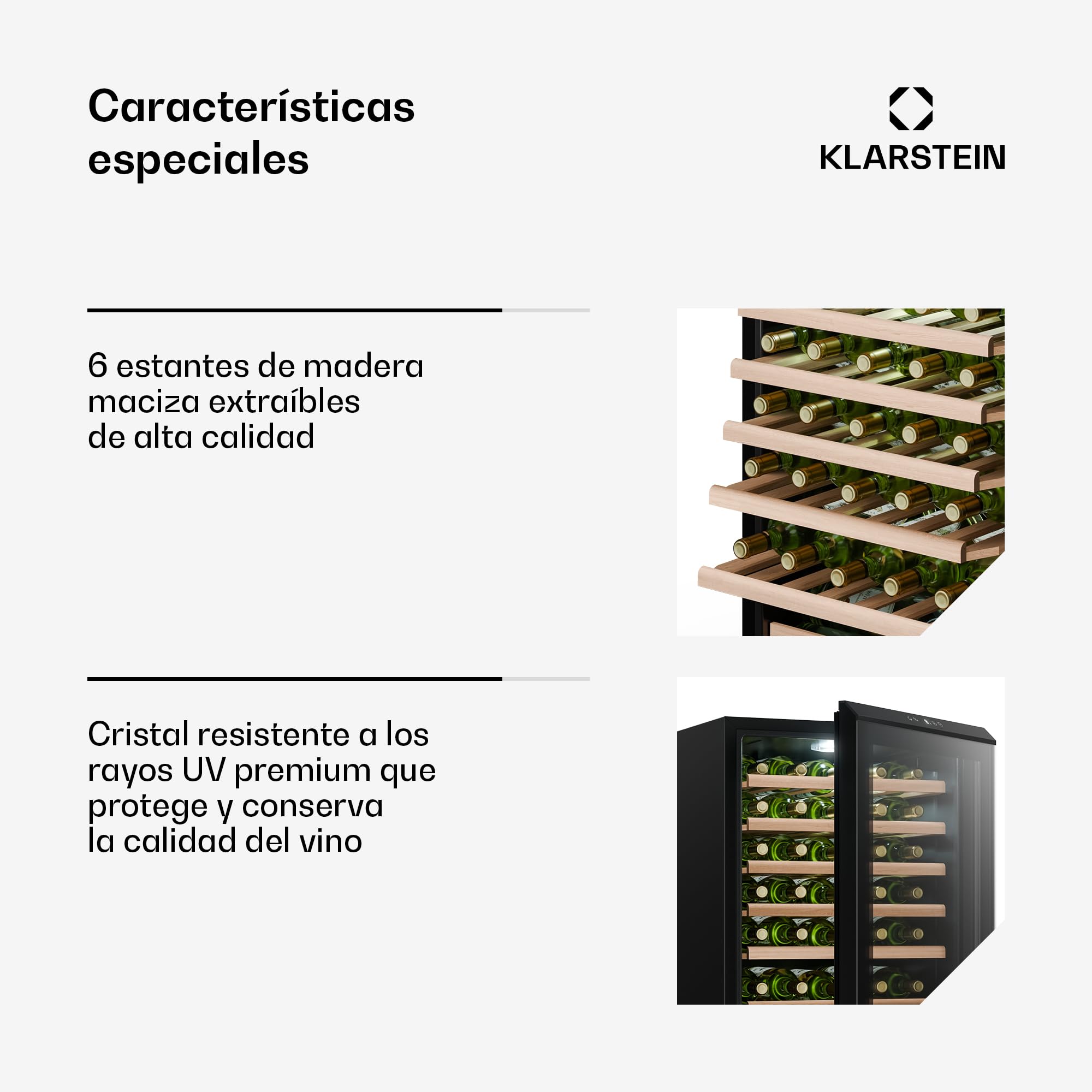 KLARSTEIN Bevora Frigorífico 48 botellas – Enfriador de vino independiente, controles táctiles 4-18 °C, puerta de cristal UV, luz LED, estantes de madera