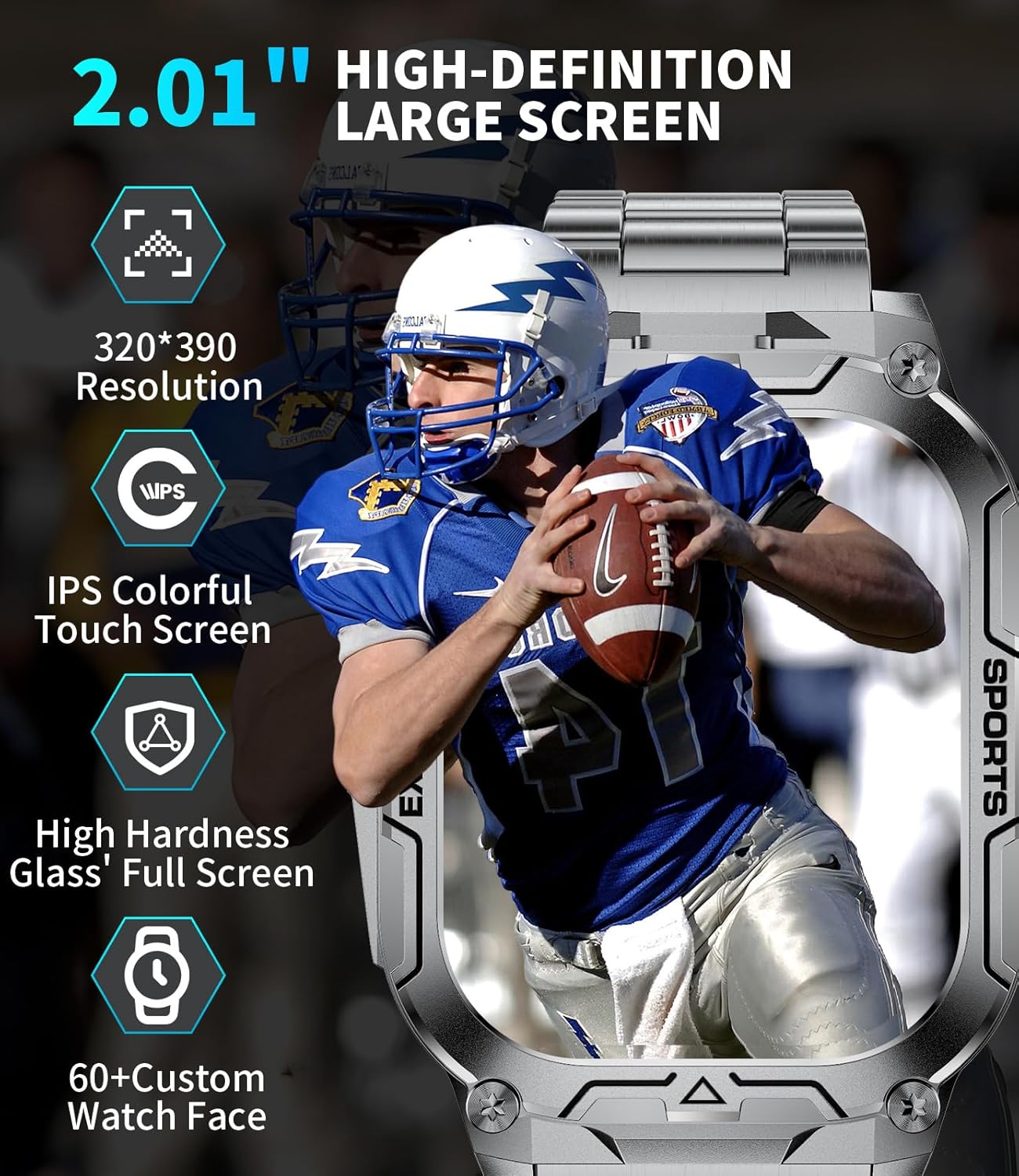Close-up of the SUNKTA TX12-D Smart Watch's 2.01-inch HD display, showing its resolution and touch capabilities.
