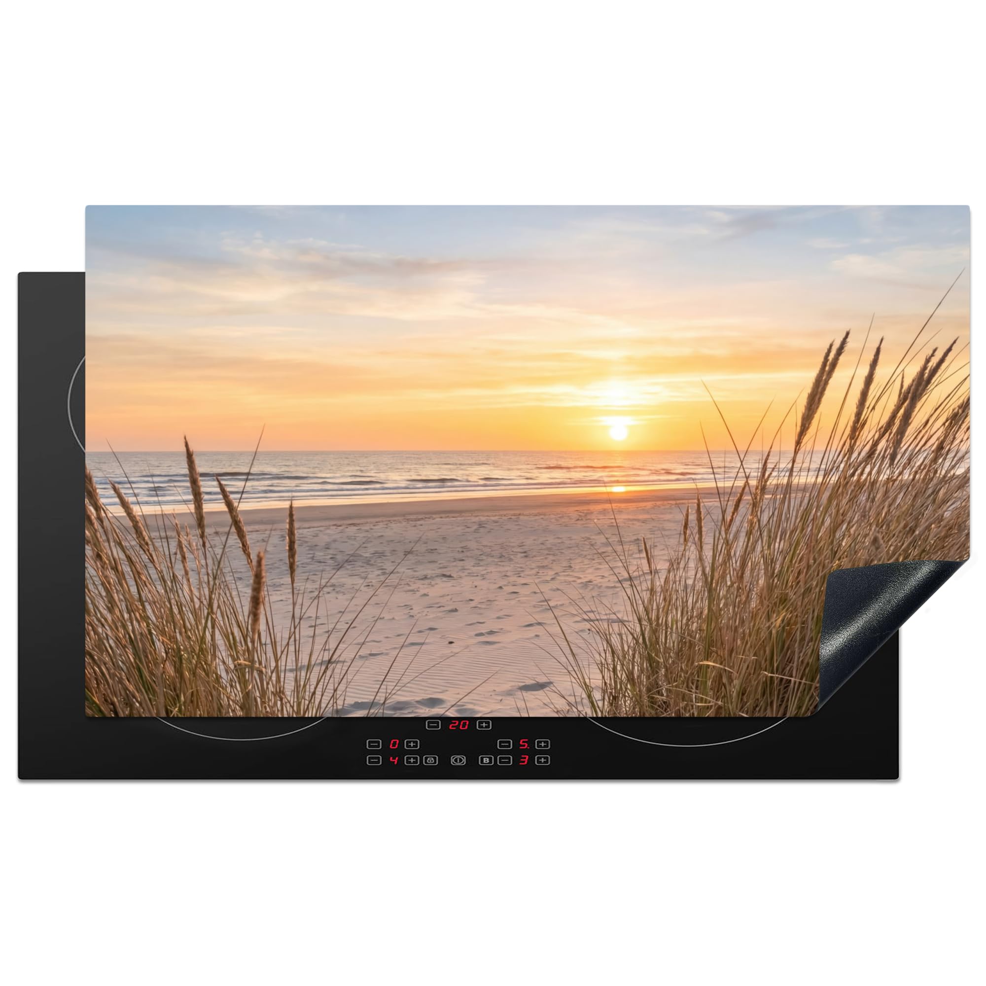KitchenYeah© Induction Hob Protector Mat 20.8"x36" / 91.6x52.7 cm Stove Cap Top Cover Kitchen Cooker Covers for Electric Hobs Vinyl Sunset - Dunes - Sea