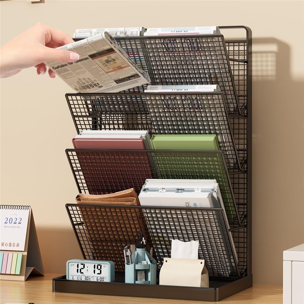 Organizer per cartelle a 5 livelli, porta posta, porta riviste in rete nera, 35 x 18 x 57 cm