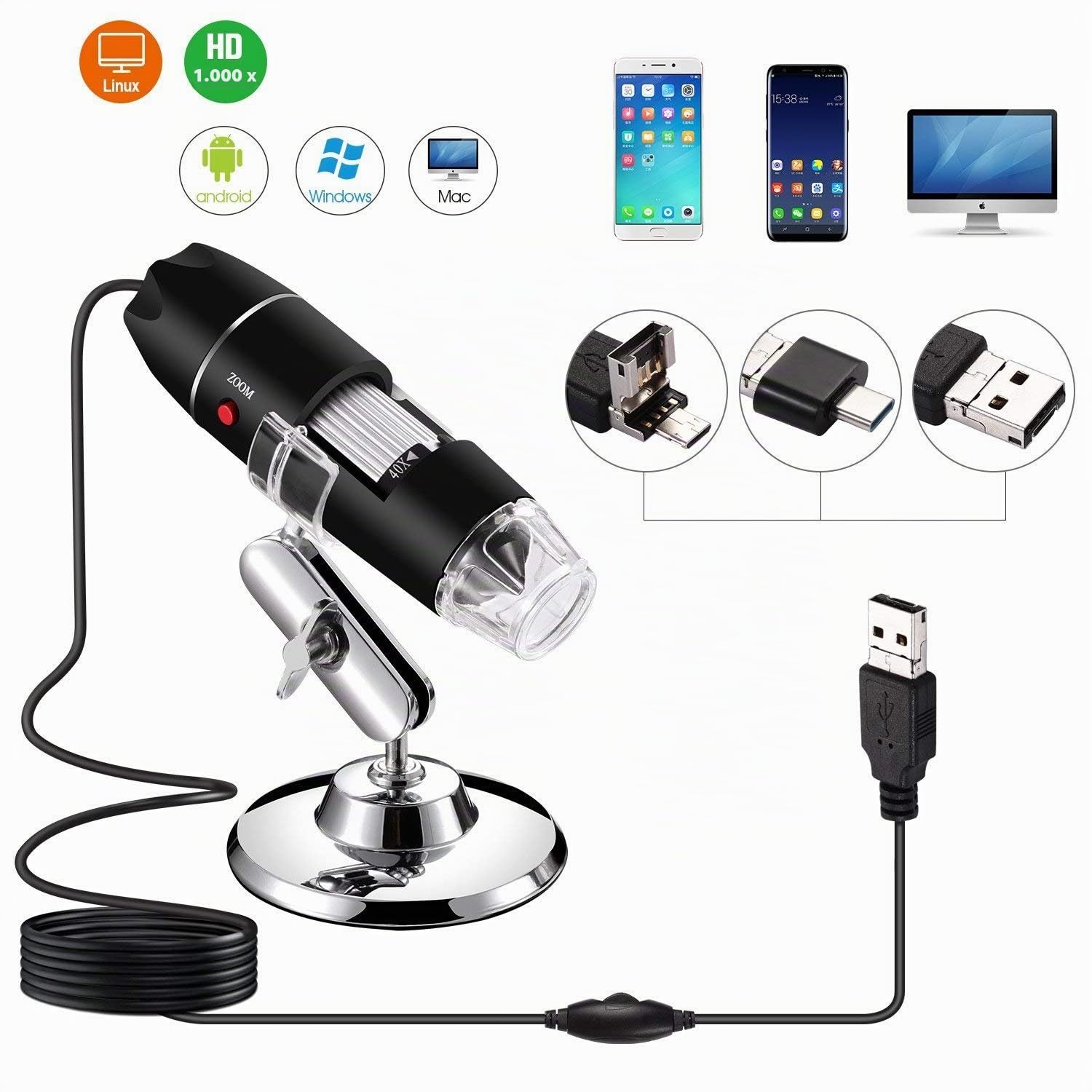 Jiusion 40 – 1000X vergroting endoskop, 8pcs LED USB 2.0 Digitaal MiKrosKop, Mini Kamera met OTG Adapter en Metaal Standfunktion, kompatibel met Mac Windows 7 8 10 Android Linux