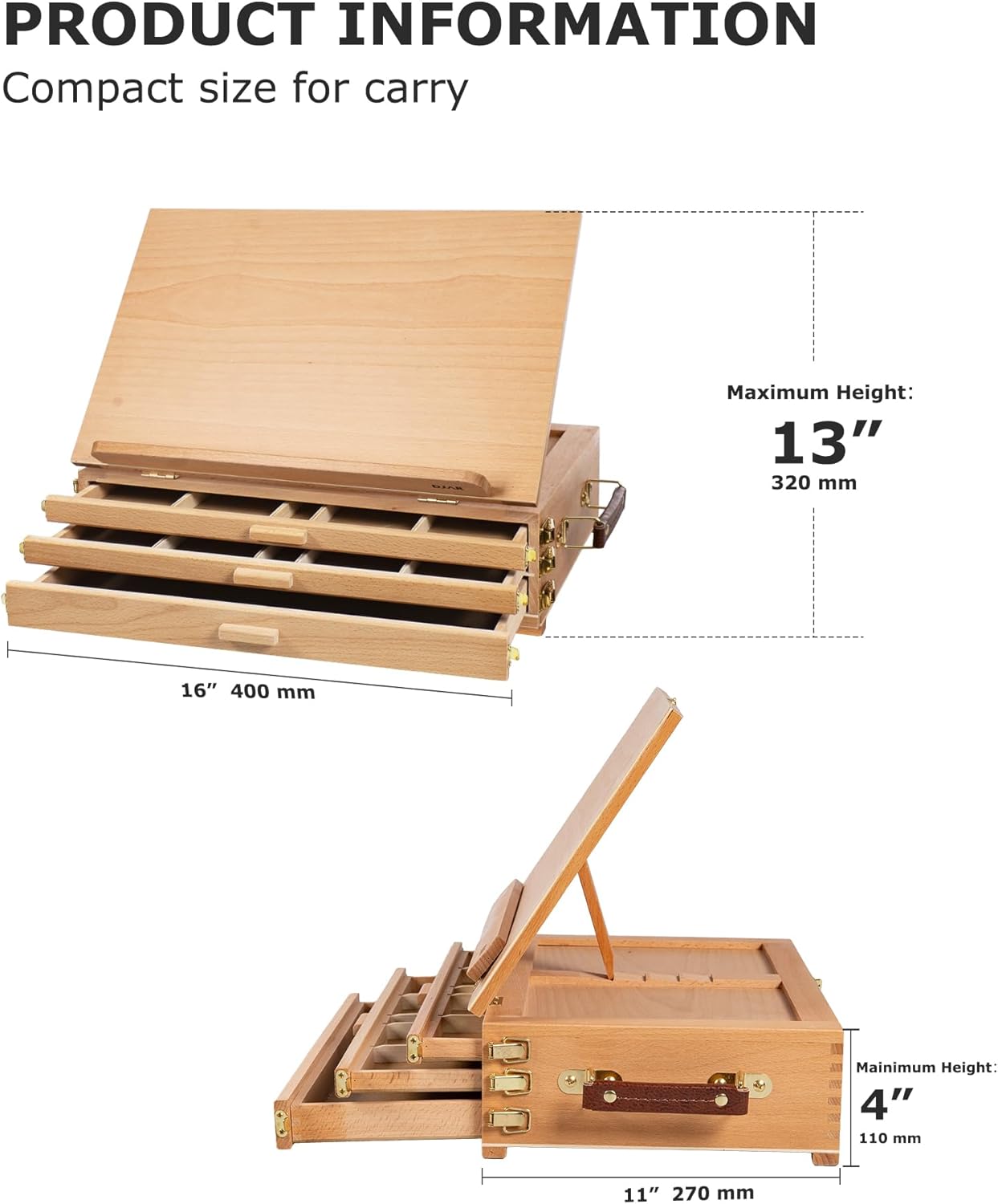 DJAR Tabletop Easel for Painting with 3 Drawer Storage, Adjustable Portable Beechwood Desktop Easel Sketchbox, Art Painting Stand for Adults, Students