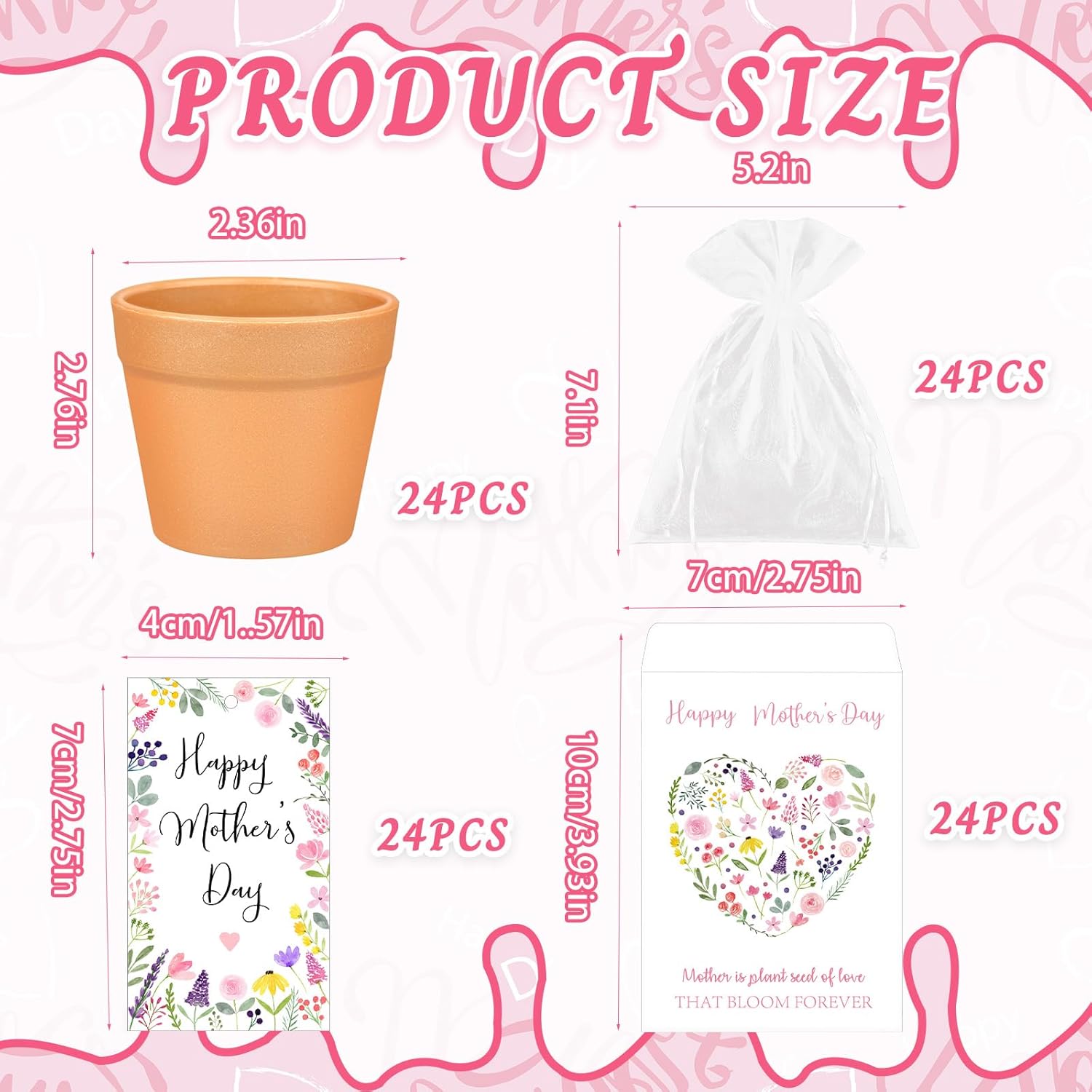 24 Sets Mother's Day Gifts Bulk Floral Seed Packet Flowerpot Greeting Cards Organza Bags for Mother's Day Mom Wife Birthday Holiday Gift Party Favors