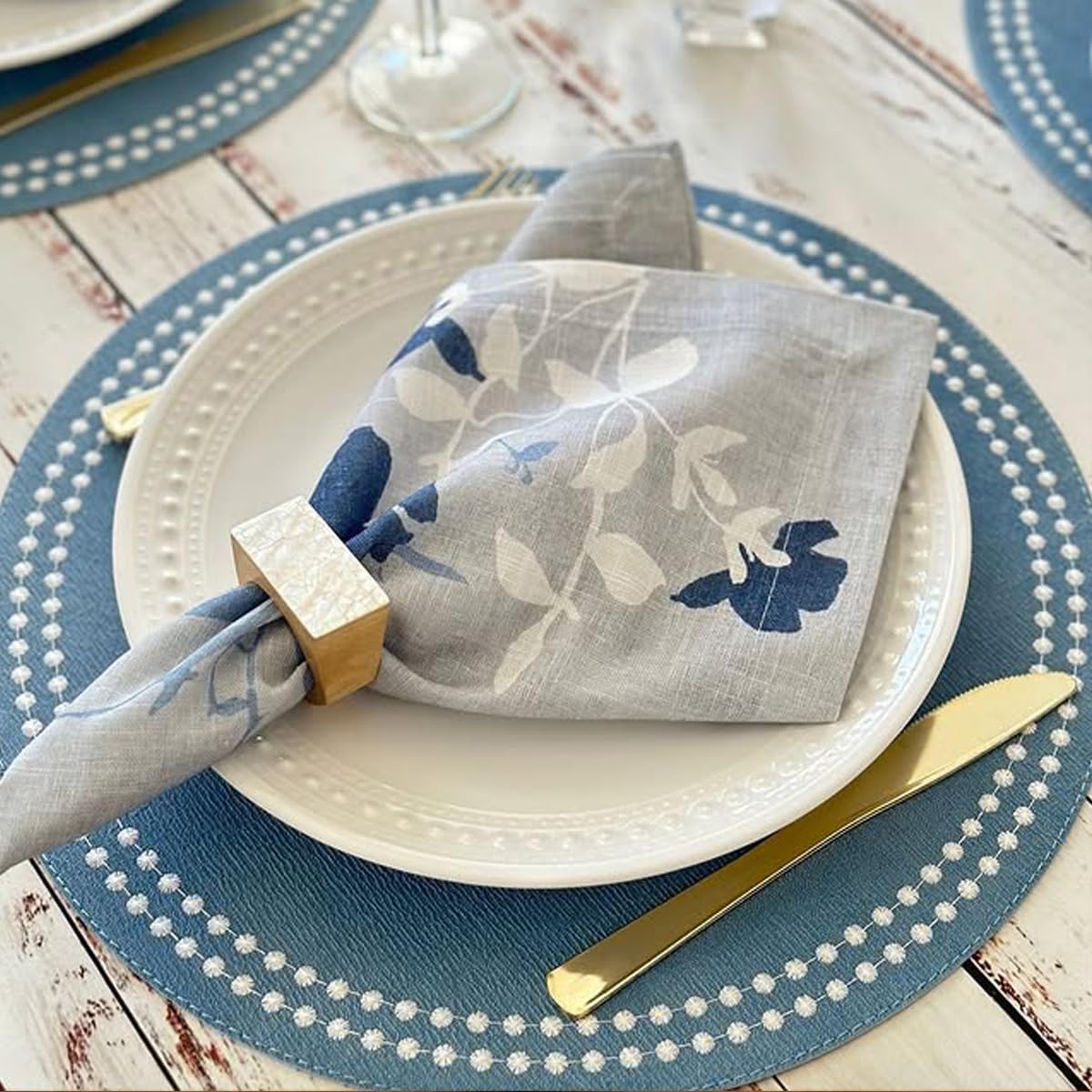 Bodrum Pearls Round Embroidered Placemats Set of 4 – 15" Elegant Table Mats for Dining, Weddings & Special Occasions, Decorative, Wipe-Clean Vinyl Placemats, Iceberg/White