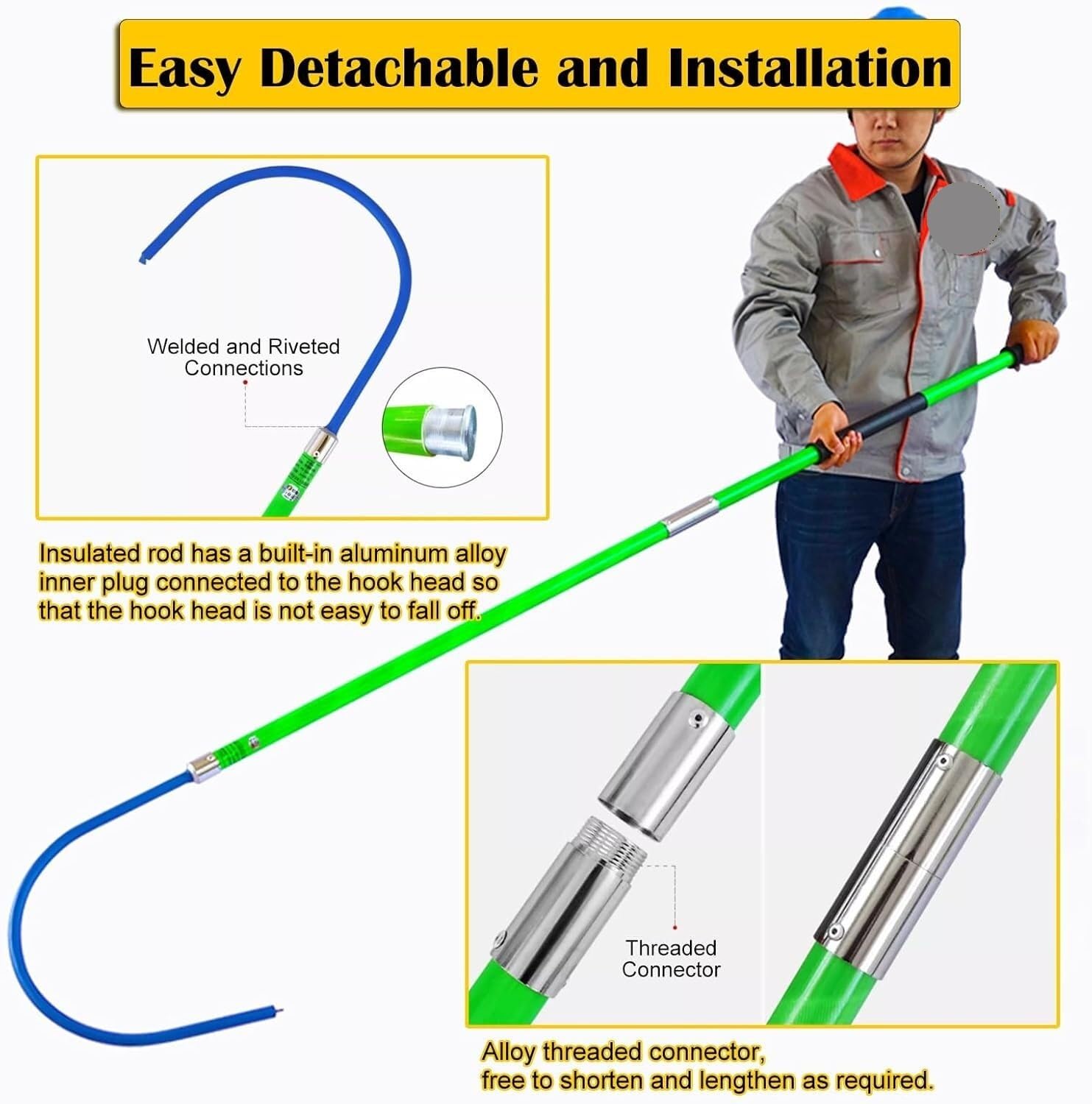 Lightweight Insulated Hook - 220 Lbs Load Capacity, 10kV-220kV High Voltage Emergency Tool with Double Handle(Red,10kvx3.3ft)
